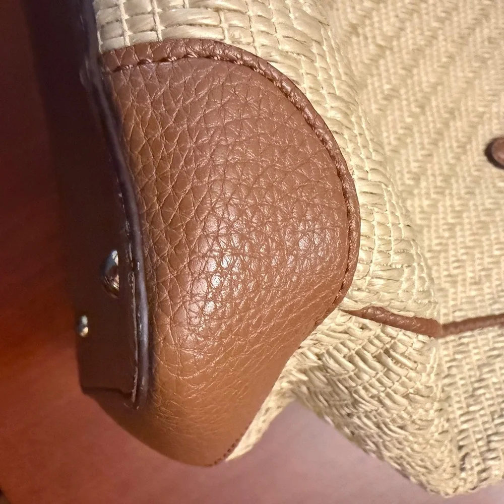 Ralph Lauren woven straw gold faux leather tote bag purse classic summer resort
